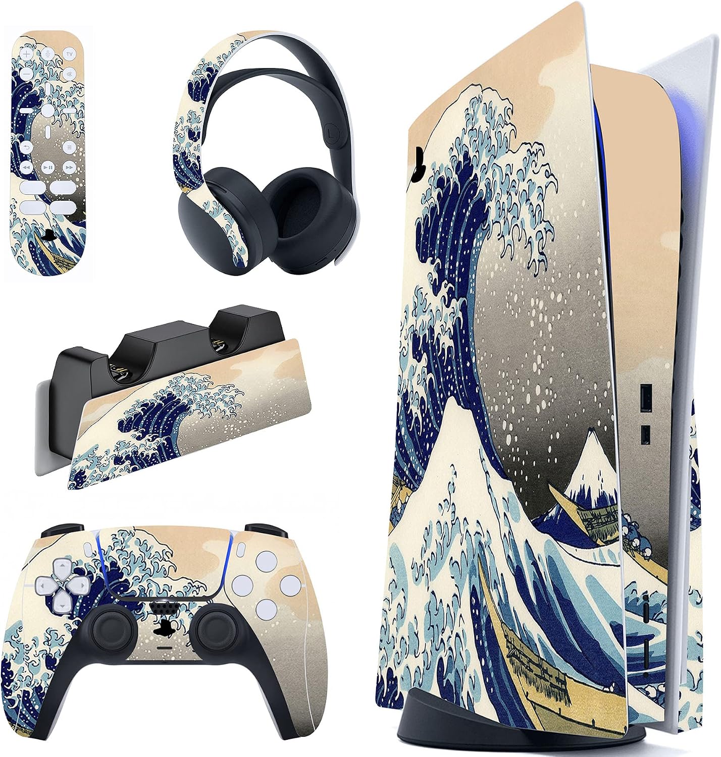 PlayVital Great Wave Dual Side Full Set Skin Decal for ps5 Console Disc Edition, Sticker Vinyl Decal Cover for ps5 Controller & Charging Station & Headset & Media Remote