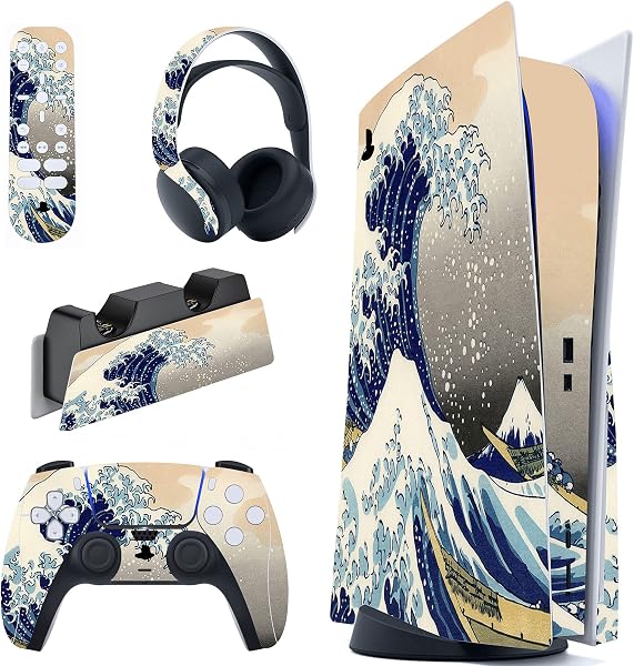PlayVital Great Wave Dual Side Full Set Skin Decal for ps5 Console Disc Edition, Sticker Vinyl Decal Cover for ps5 Controller & Charging Station & Headset & Media Remote - 1