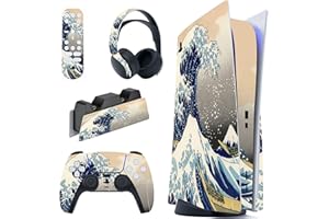 PlayVital Skin für ps5 Konsole Standard Disc Edition,Decal Sticker Aufkleber Vinyl-Skin Schutzfolie Folie für PS5 Konsole,Controller,Ladestation,Headset,Medienfernbedienung-(Große Welle)