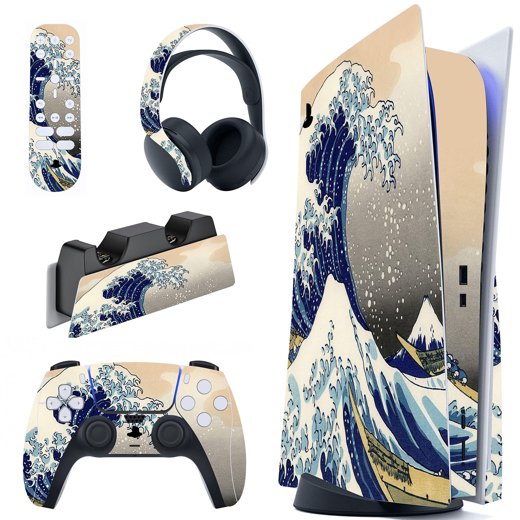 PlayVital Great Wave Dual Side Full Set Skin Decal for ps5 Console Disc Edition, Sticker Vinyl Decal Cover for ps5 Controller & Charging Station & Headset & Media Remote - 1