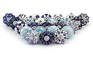 Craft Trade Ceramic Knobs for Cupboards Assorted Cabinet Knobs Vintage Blue Door Knobs Colorful Kitchen Furniture Pull Handles Cabinets Cupboard for Wardrobe Home Interior - Pack of 25