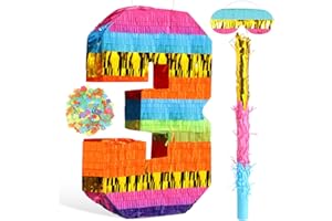 HARRYCLE Pignatta a Forma di Numero Pentolaccia Arcobaleno Pignatta con Cordino Pignatta per Festa di Compleanno con Bastone Benda e Coriandoli per Ragazzi Bambini Decorazioni per Groovy Party (Numero 3)