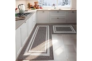 COSY HOMEER 2-Piece Nonslip Kitchen Runner Rug Set, 51x76cm+51x122cm, Absorbent and Machine Washable Kitchen Floor Mats, 100% Polypropylene Carpet Runners for Anti Water Splashes, Brown