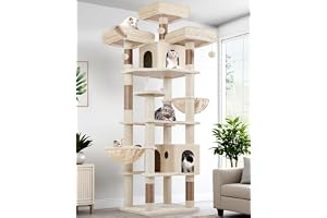 Globlazer Kattträd, beige, XXL, 209 cm med 3 sittstång, dämpad, 2 katthus, stor plattform, 2 korg, plyschleksaker, lyxig, klösträd, stor, stabil, för 3–5 katter, vilolek inomhus (F82
