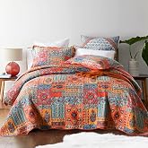 Qucover Bouti Summer Bedspread 180 cm, Bedspread 270 x 250 cm Ethnic Patchwork Cotton and Soft Microfibre, Multicoloured Reve