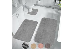 Achiiso Bathroom Mat Set 3 Pieces,Non Slip Bathroom Toilet Mat, Super Absorbent Microfiber Bathroom Floor Mat Machine Washable Bath Rug(Grey,U40x50cm +50x60cm+50x80cm