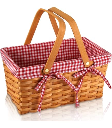 Panier Pique-Nique En Osier Ovale Avec Couvercle Et Doublure Rouge - Idéal Enfants