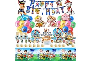 105er Pappteller Set für Kindergeburtstag mit Paw Dog Patrol Deko - Geburtstag Geschirr Set mit wiederverwendbaren Bechern, Servietten, Tischdecke und Partygeschirr für 10 Personen
