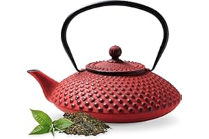 Tealøv Kambin THEIERE FONTE1,25 LITER - Théière en Fonte avec Infuseur - Entièrement émaillée de l'intérieur - Prépare Une Tasse de Thé Parfaite – Design Authentique Japonais à Picots - Rouge
