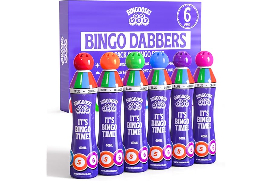 Bingo Dabbers Pack of 6 for Dotting Game Books, Tickets, Sheets & Cards - Sponge Tip Jumbo Bingo Pens with Bright Marker Ink - Screw Top, Non Leak Dot Markers - Long-Lasting Daubers for Game Night Fun