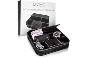 LIVIVO Deluxe 6 Compartment Valet Organiser Tray - Premium Quality Black Textured Leather Effect Table Desktop Dresser Wallet Office Jewellery Storage Box with Faux Suede Lining Hinged Lid