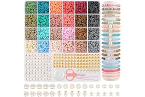 PACKRA Perles Pour Bracelet, Perles Heishi 6mm Perle Plate pour Bracelet, 24 Couleurs Perles pour Bijoux Kit, Perles Polymère Perles Lettres pour Bijoux DIY Collier Bracelet Boucle D'oreille