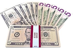 Big Screen Stacks - PROP MONEY DOLLARS | UK COMPANY | 100 FULL PRINT $5 DOLLAR BILLS | $500 Stack | Extra Strap | for Movies, Advertising, Play, Party, Supreme, Gun, Fancy Dress, Casino Games