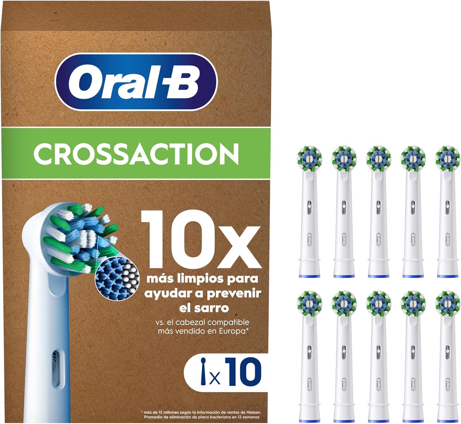 Oral-B Pro CrossAction Cabezales De Recambio ORIGINALES para Cepillo de Dientes Eléctrico Oral-B Pro, Pack de 10 Recambios Con Indicador De Uso, Blanco (Tamaño Buzón)
