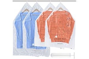 EULERYOO Bolsas de Vacío para Ropa con Percha, 4 Paquetes(2 Largas 135x70cm y 2 Cortas 110x70cm) Bolsas de Compresión Transparentes y Reutilizables para Colgar Ropa, Espacio y Organización en el Armario