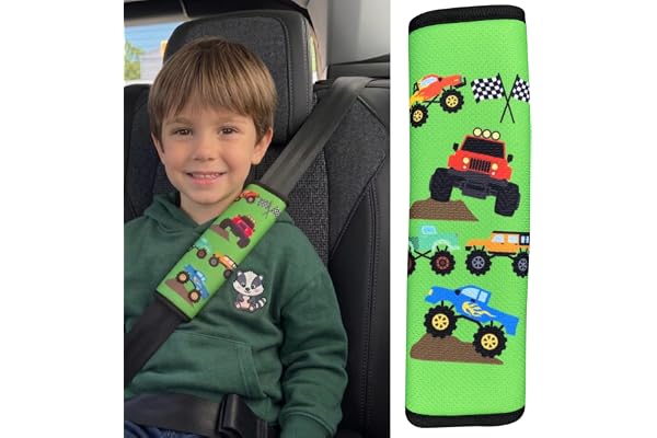HECKBO 1x protection pour ceinture de sécurité avec Monster Truck - ceintures de sécurité épaulière protection ceinture sièges auto coussin de ceinture pour enfants garçons filles - 21cm x 6cm