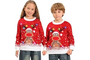 KOURIC Maglione Natalizio Bambino con Luci, Maglioni Natalizi Bambini Divertenti, Girocollo Maglioncino Natalizio Famiglia Led Ugly Christmas Sweater,Brutti Maglioni di Natale per Bimbo/Bimba/Ragazza/Ragazzo
