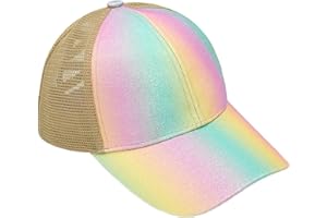 YeeHeen Baseball Cap for Girls Criss Cross Ponytail Baseball Hats Rainbow Glitter Sun Cap