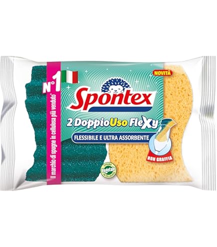 Spontex Spugna Doppia Azione - Lato Cellulosa Assorbente, Lato Fibra Anti Grasso, 2 Pezzi