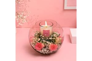 FlowerAura Romantic Fresh Live 6 Pink Roses Bouquet With Scented Candle In Glass Fish Bowl For Valentine's Day, Birthday, Anniversary & Mother's Day (Same Day Delivery)
