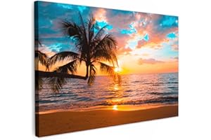 MuchoWow© Stampe su Tela 120x80 cm Foto Quadri Moderni Camera da Letto Canvas Quadro Salotto Decorazione Parete Palma - Tramonto - Orizzonte - Spiaggia - Mare - Tropicale