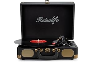 RETROLIFE Giradischi Bluetooth 3-Velocità 33/45/78 Giri, Stereo Portatile Vintage Giradischi in Vinile con Altoparlanti Incorporati, Uscita Linea RCA, Ingresso AUX, Jack per Cuffie