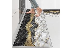 PQCXXA Black Kitchen Rugs and Mats Sets of 2 Pieces Funny Kitchen Decoration Non Slip Super Absorbent Kitchen Mat Runner Rug for Sink,Hallway,Laundry Room (Marble, 40x120cm+40x60cm)