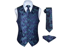 HISDERN Chaleco y corbata de jacquard floral paisley clasico para hombre y traje de chaleco cuadrado de bolsillo