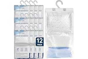 CUQOO Hanging Wardrobe Dehumidifier Bags – Disposable Moisture Absorber 12-Pack Sachets for Wardrobes; Hanging Dehumidifier Bag for Closet, Windows & Home Condensation Absorbers