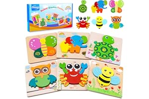 DONGQI 6 Pièces Puzzle en Bois Enfant, Jouet Bébé 3D Puzzles, Jouet Montessori Animaux, Puzzle à Encastrement Educatif Apprentissage Jeux pour Garçon Fille Anniversaire Noël Cadeau