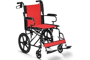 MADE MOBILITY Lightweight Folding Wheelchair - Travel Friendly Foldable Transit Wheel Chair - Adjustable Footrests, Lock Lever Brakes, Dual Parking Brakes - Red, Wide 20" Seat
