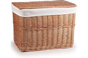 woodluv Large Brown Full Steamed Willow Wicker Storage Basket Trunk Chest Hamper Lidded With White Lining, Brown, 59 x 39 x 45 cm