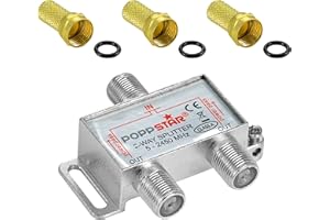 Poppstar Répartiteur coupleur d'Antenne de 2 Sorties + 3 Fiches F (analogique/numérique/large-bande/unicable/HD/4K Compatible) pour TV,Antenne TNT,Satellite,Câble,TV,Radio,LNB - 100dB, 5-2450 MHz