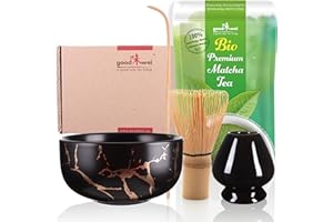 ‎GOOD WEI Goodwei BIO Matcha z Japonii w zestawie do matchy w komplecie z nowoczesną miską do matchy o szlachetnym marmurowym wzornictwie, miotła matcha i uchwytem na miotłę, zestaw upominkowy na ceremonię