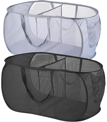 Lot De 2 Paniers à Linge Pliable 75L – Corbeille Pop-up Mesh Grise Avec Poignées Et Poches, 36x36x58 Cm