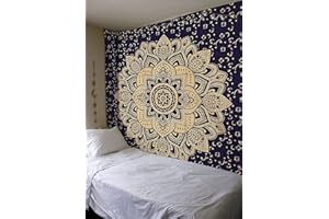 Popular Handicrafts Arazzo da parete con mandala, stile hippie, in tessuto ombré con passione indiana, colore blu, oro, zingaro, bohémien, hippy, psichedelico, decorazione per camera da letto, 76 x