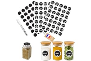 KISTAYLE Étiquettes Épices Français Rondes – 105 Stickers Autocollants Noirs Ø38 mm – Marqueur Blanc Inclus – Pour Bocaux Cuisine, Étanches et Lisibles