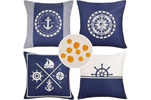 HOMESTILEZ 4 Pack Fodere per Cuscini Impermeabili 50 x 50 cm Fodera per Cuscino Barca a Vela Ancora Bussola Timone Decorativo Copricuscini Quadrati in Cotone e Lino per Divano Casa Esterni Interni, Blu Navy
