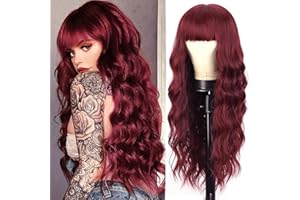 YEESHEDO Długie falowane peruki na wino dla kobiet, długie falowane peruki z grzywką, luźne kręcone włosy ciemnoczerwone 30 cali 80 cm