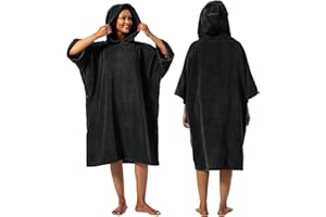 Winthome Poncho Albornoz Absorbente Cálido, Poncho Surf Ayuda de Cambio de Playa, Bata de Baño con Bolsillo y Capucha, para Hombre Mujer, Natación Surf Playas Duchas, Viajes Casa Sauna (Negro, M)