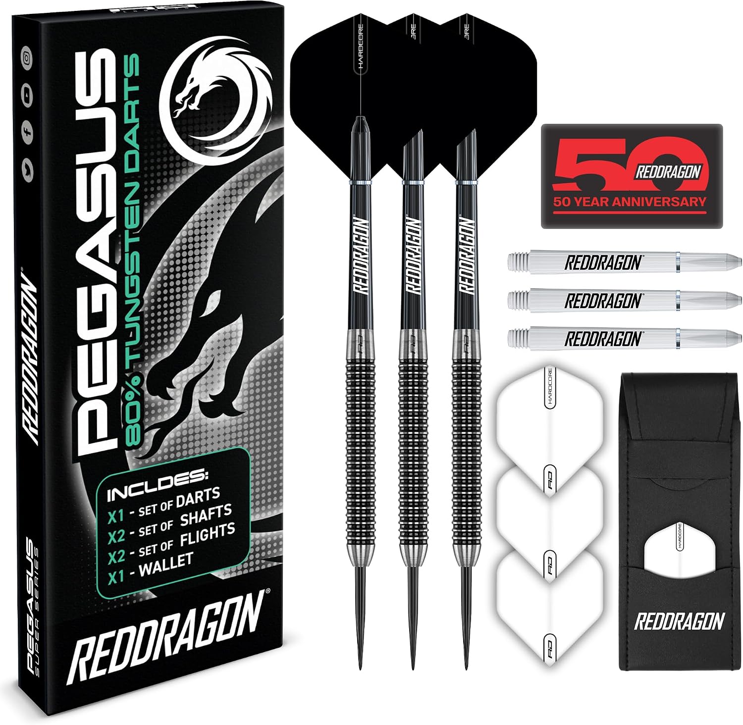 RED DRAGON Pegasus Juego de Dardos Profesionales con Punta de Acero de tungsteno Disponible en 21, 23, 24, 25, 26, 28, 30 Gramos con Plumas, Tallos (Ejes) y Billetera