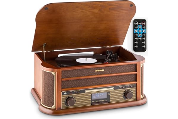 Auna Platine Vinyle Bluetooth, CD & USB avec Haut Parleur, Tourne-disques Audio 33 Tours, Chaine HiFi avec Platine , Lecteur Vintage, Meuble