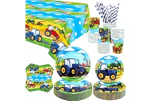 ENCETARDE Tractor Party Supplies - Farm Tractor Tableware - Dinner Plates Desserts Plates Cups Napkins Tablecover Straws for Tractor Birthday Party Decoration, Barnyard or Farm Party Decorations, Serves 40 (40)