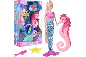 YELLOW RIVER Mermaid Princess Doll Playset, Color Changing Mermaid Tail, Dress Up Doll 12" and Dress Doll 3" and Dolphin Color Reveal Mermaid Toys for Little Girls and Play Gift Set Aged 3+