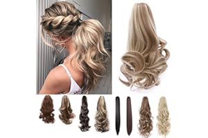 SILK-CO Long Short Claw Ponytail Hair Extension One Piece Cute Clip in on Ponytail Jaw/Claw Synthetic Straight Curly Hairpieces 12" Curly Sandy Blonde & Bleach Blonde