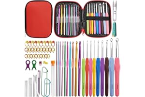 Reovin Häkelhaken, HäKelnadeln Set, 9 Stück ergonomische Gummi-Komfortgriff-Häkelnadel-Sets, 10 Stück Aluminium Häkelnadel-Set mit ergonomischem Griff mit Nähnadeln Aufbewahrungstasche für Anfänger