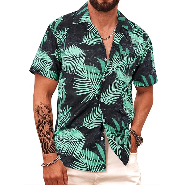thumbnail image 2 of Men's Hawaiian Shirt Short Sleeve Linen Button Down Shirts Casual Floral Printed Beach Shirts With Pocket Red M 2 of 13