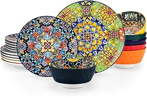 vancasso Simi Dinner Set for 6 People, 18-Piece Colourful Ceramic Tableware with 10.5in Dinner Plates, 8.5in Side Plates and 950ml Bowls, Boho Style Dinnerware Service