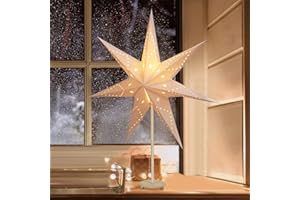 ‎SALCAR SALCAR LED Weihnachtsstern Beleuchtet Fenster 35cm, Papierstern Weihnachten mit E14 Lampe, 3D Leuchtstern Stehend Adventsstern mit Eisensockel Fuß, Weiß