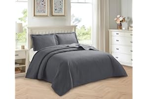 PRIME LINENS 3 Piece Quilted Bedspread Embossed Leaf Pattern Bedding Set Bed Throw with Pillow Cases Machine Washable (Grey, King)